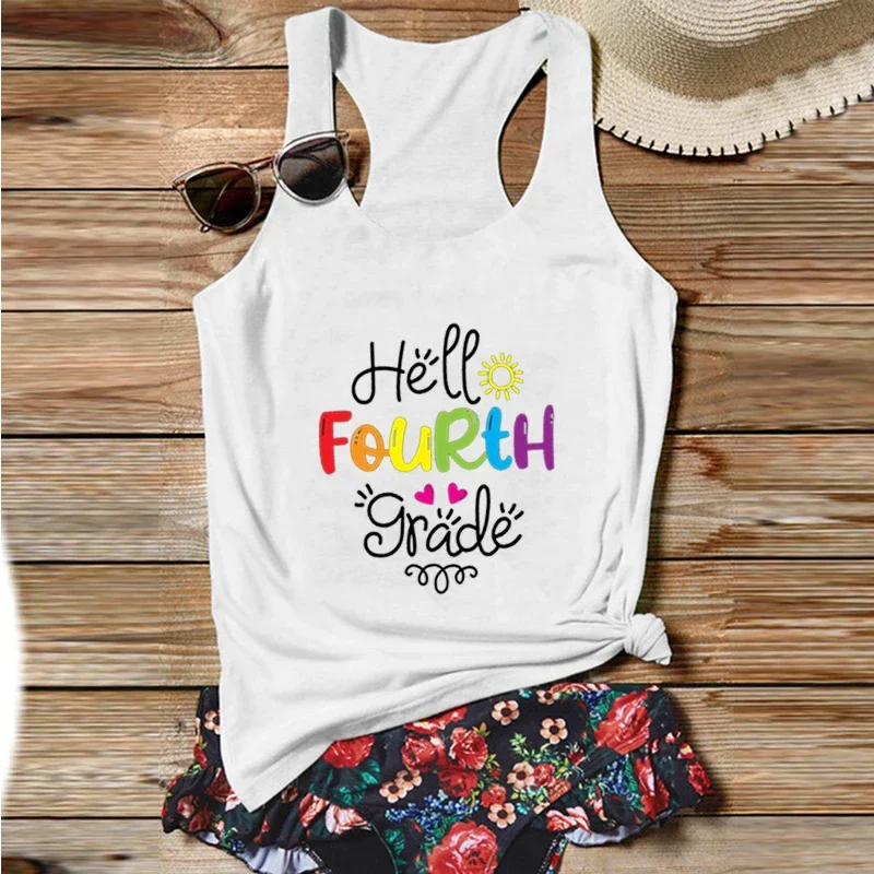 Back To School Tank Top Hello Fourth Grade White Top Season First Day of Class Tank Tops Teacher Vintage