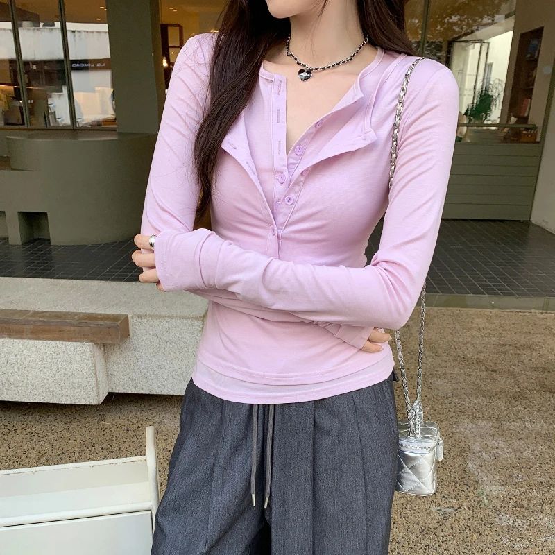 

Autumn Single Breasted Patchwork Fake 2 Pieces Women's T-shirts 2025 New Knitted O-neck Long Sleeve Solid Slim Shirts Female