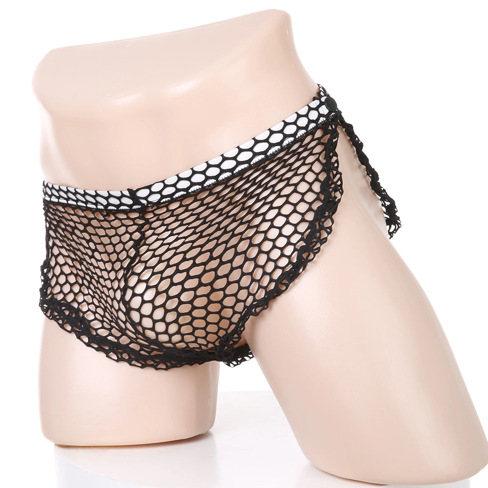 

Men's Sexy Sides Open U Convex Mesh Snap Button Panties Fishnet Hollow High Slit Boxer Shorts See-Through Transparent Lingerie