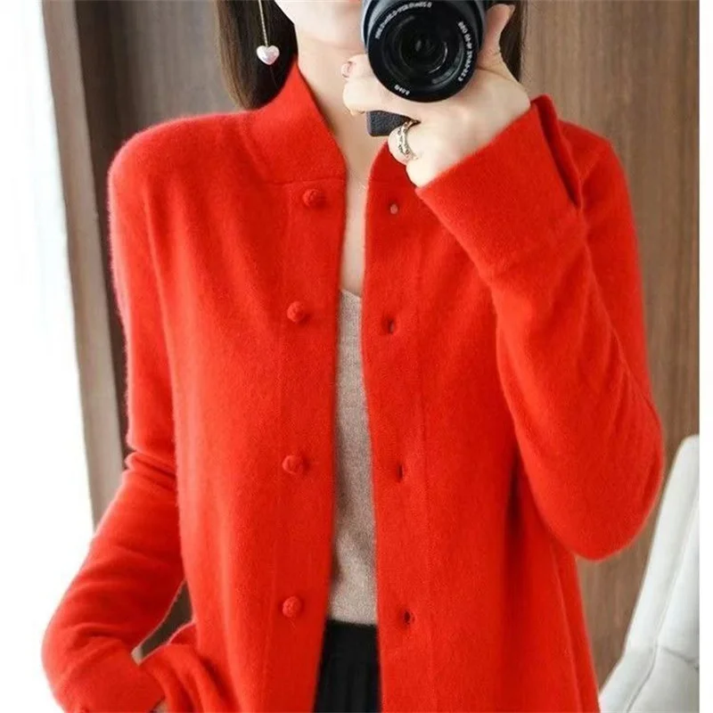 

Women Chinese Red Vintage Western Style Knitted Elasticity Cardigan 2023Autumn/Winter female New Slim Standing Neck Sweater Coat