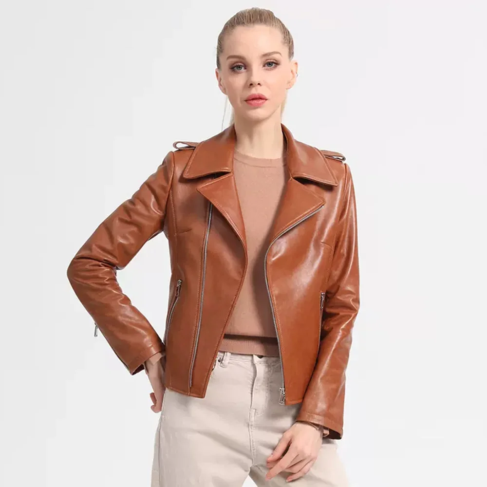 Women Short Sheepskin New Coat Spring Autumn Fashion Soft Turn-down Collar Long Sleeve Genuine Leather Jacket Slim Outerwear