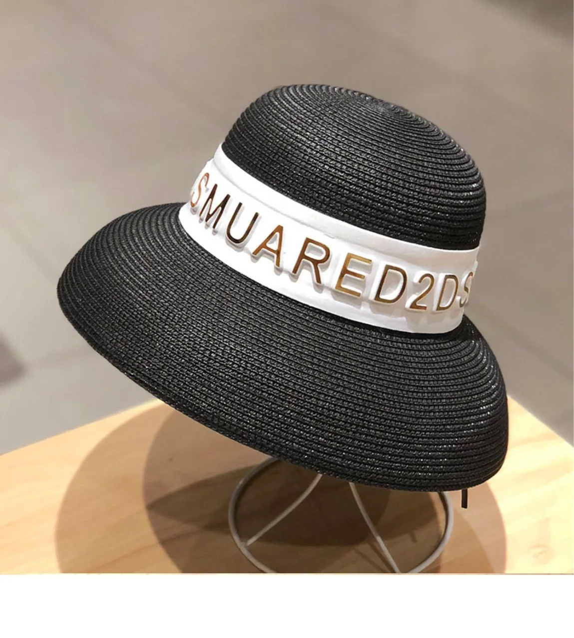 Bucket hat flat top letters summer ladies sun hat ladies straw hat fedora hat British style men and women hat letters Panama