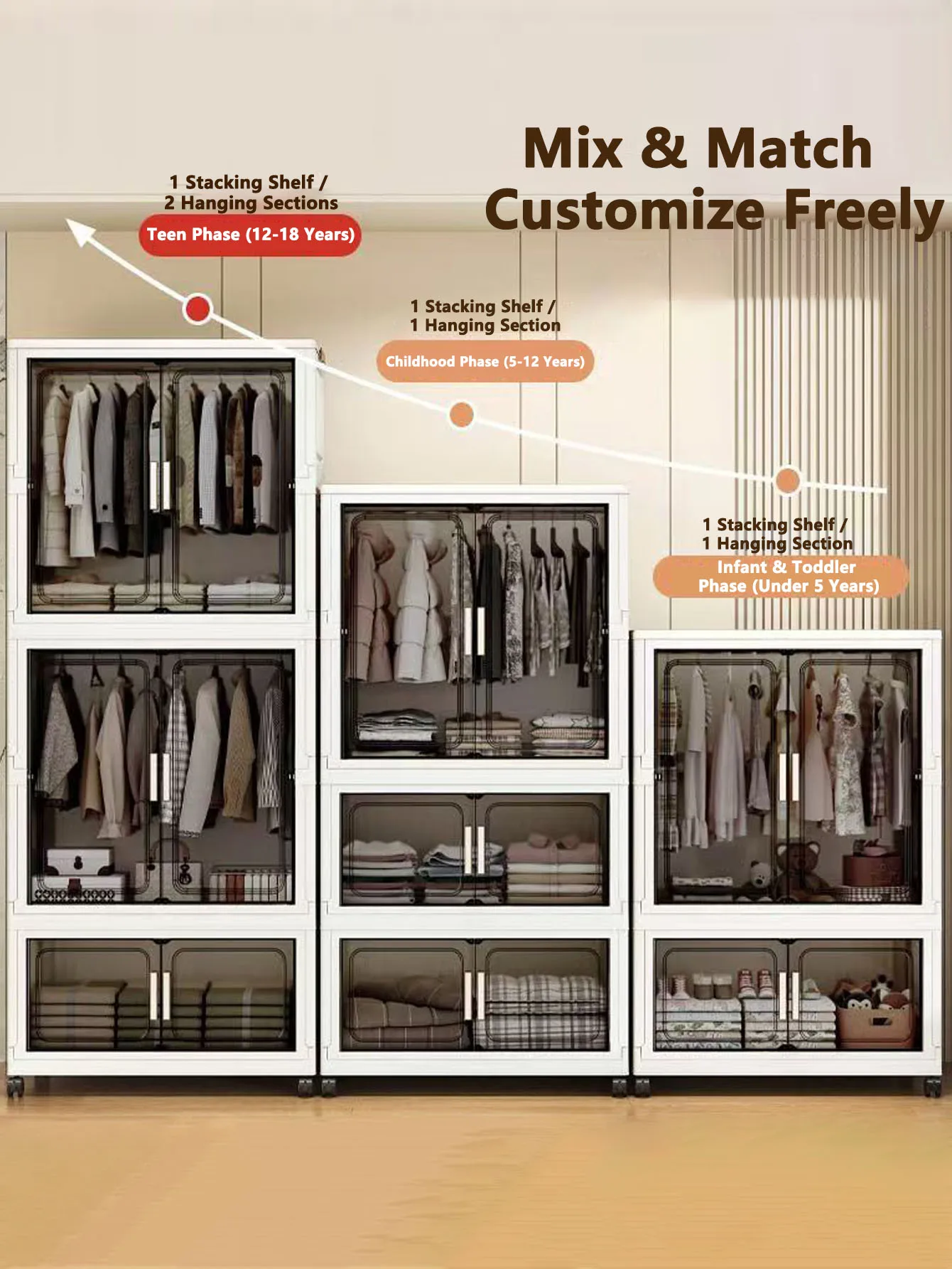 خزانة تخزين متعددة الوظائف قابلة للطي مع أبواب لمنظم الحمام والمطبخ والمكتب باللون الأبيض والأسود والرمادي