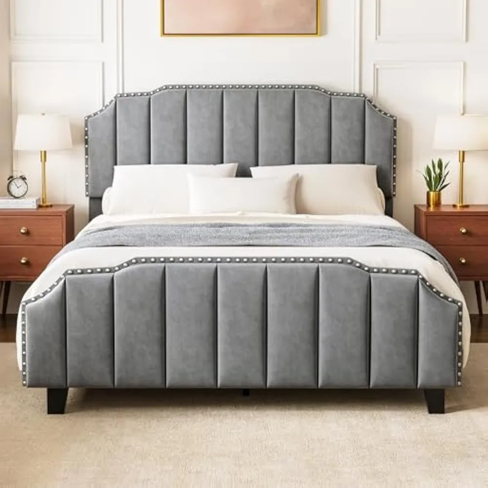 

Queen Size Upholstered Platform Bed Frame with 46.8'' Tall Vertical Channel Tufted Headboard, Wooden Slats, Noise-Free