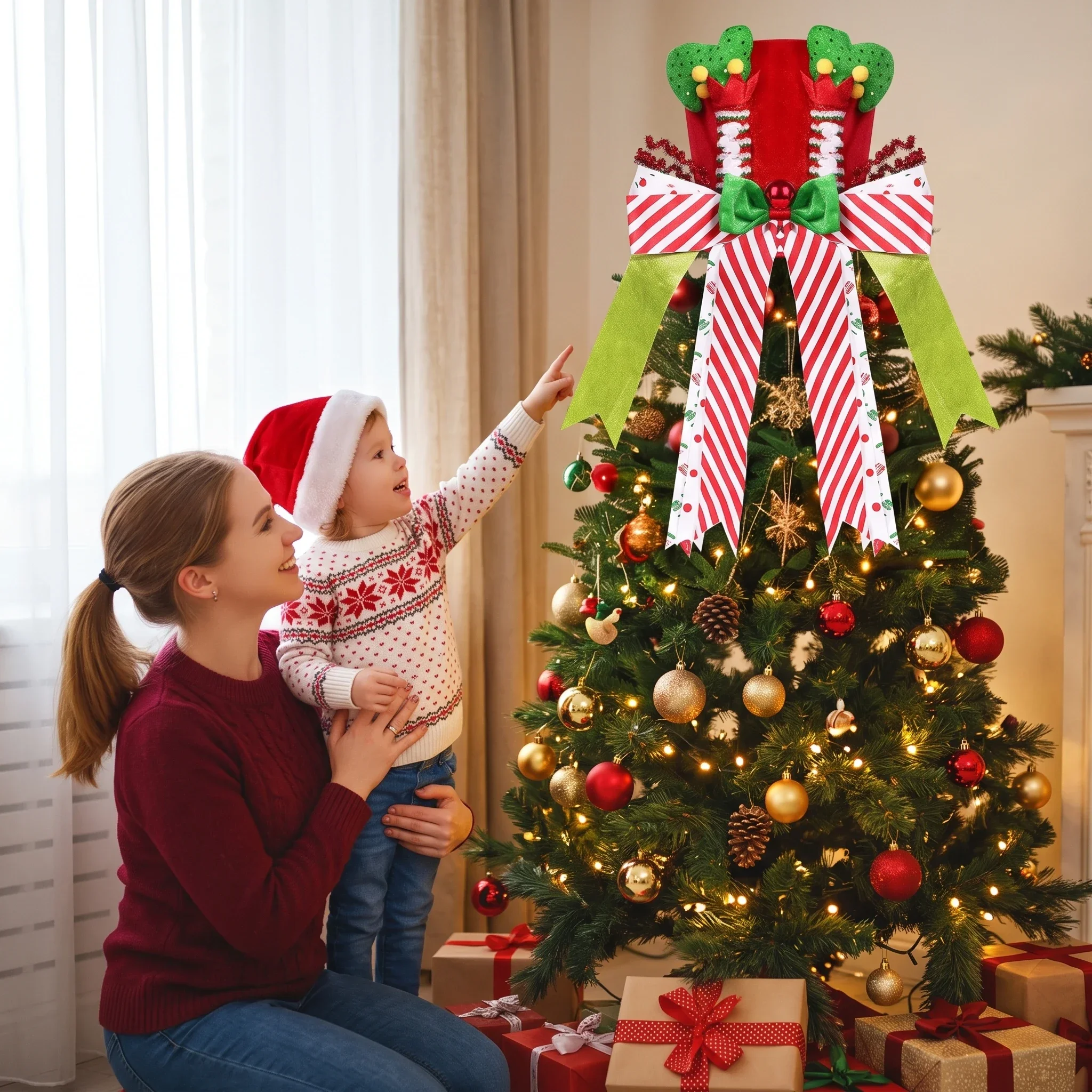Christmas Tree Topper Hat Sequined Elf Design with Striped Bow Xmas Tree Top Decoration Ornament for Home Holiday Party Decor