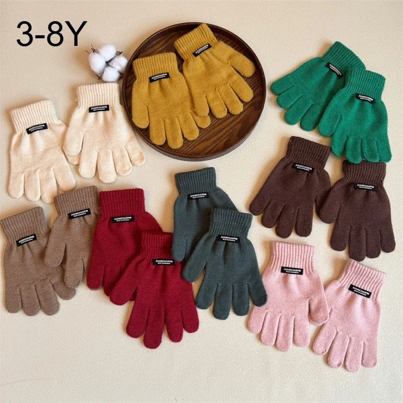 

Winter Kids Gloves 3-8 Years Girl Boy Warm Knitted Five Finger Outdoor Children Mittens Solid Color Gloves