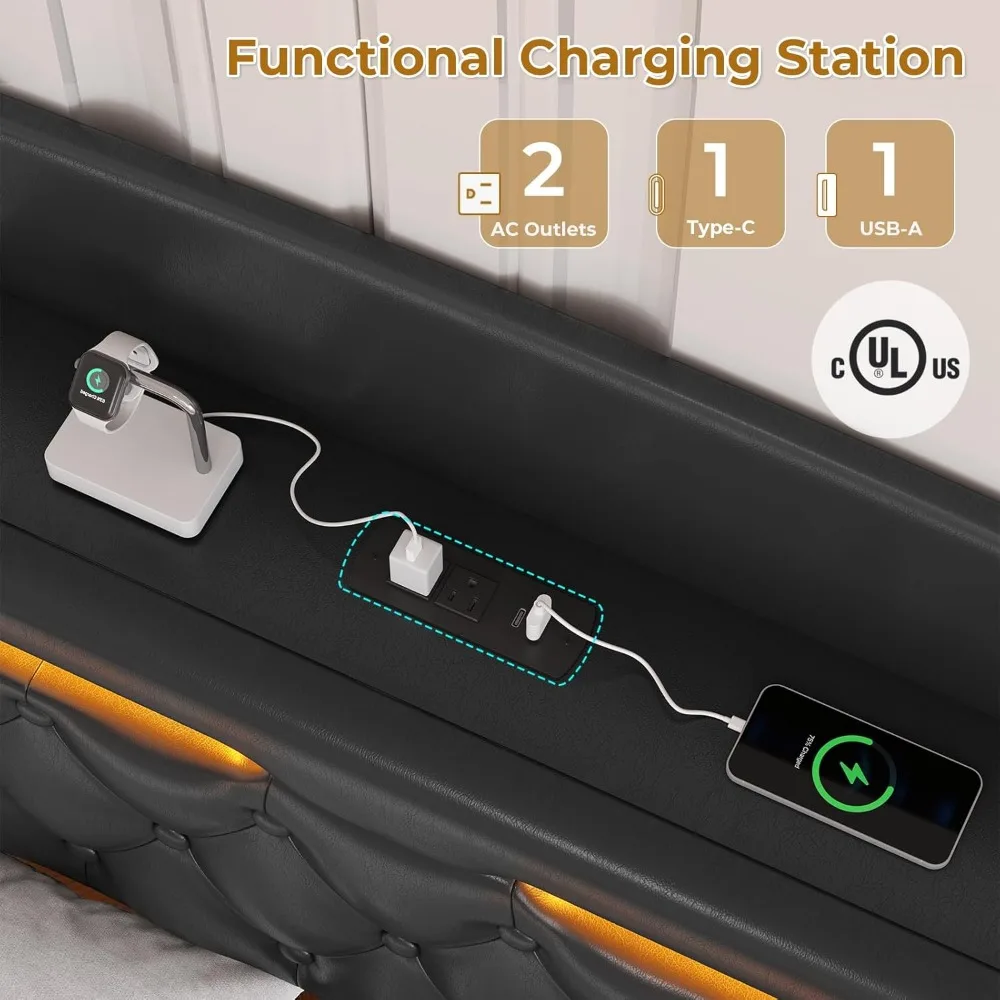 إطار سرير عائم بحجم كينج مع شحن USB-C ولوح رأسي للتخزين المخفي، وسرير بمنصة مضيئة RGB بدون صندوق زنبركي