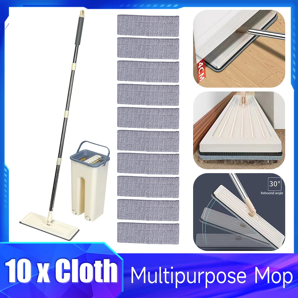 

Bathroom Mop Multipurpose Microfiber Squeeze Cleaning Mops Cloth Water Absorption with Bucket 10 Cloths Household Cleaning Tool