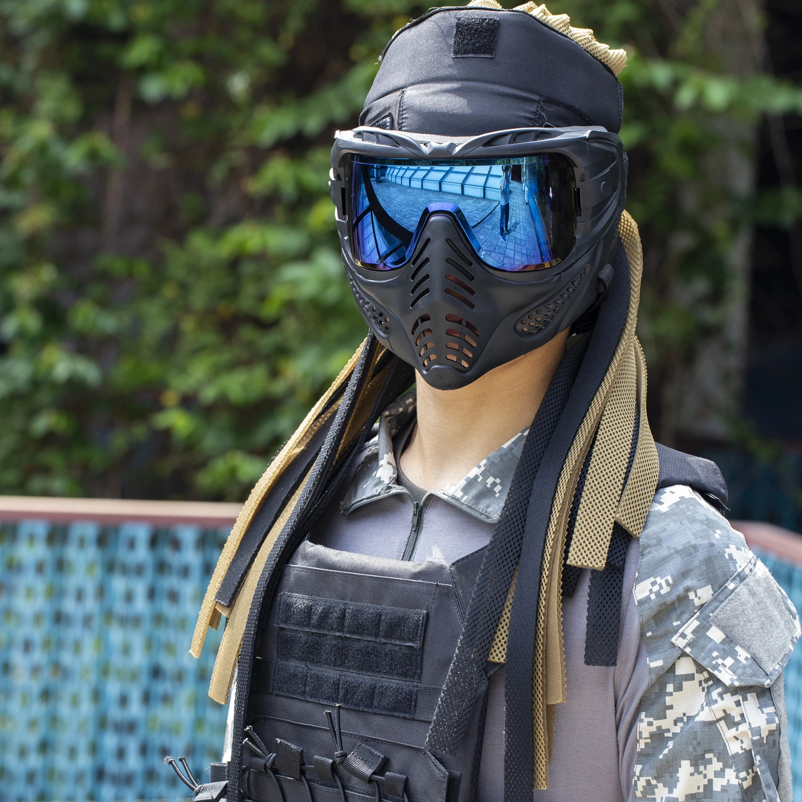 Indian Dreadlocks Helmet Tactical Mask with Discolored Goggles Hunting Paintball Airsoft Head protection Sport Mask Wig