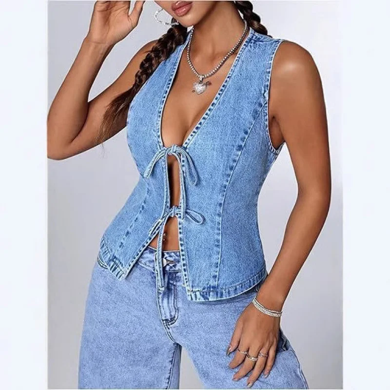 Slim Fit Washed Denim Strap Vest 2026 Fashionable Women's Top Denim Vest for Women