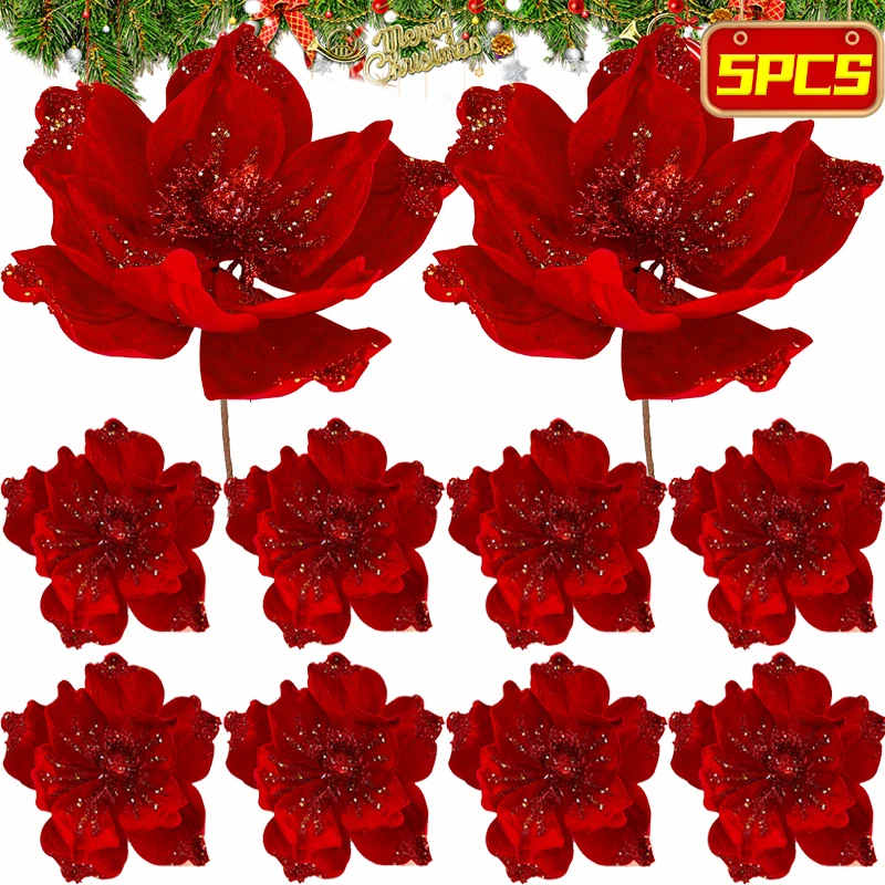 1/5 Uds. Flores artificiales brillantes Navidad Poinsettia roja adorno de árbol de Navidad Magnolia simulada decoración del banquete de boda flor falsa