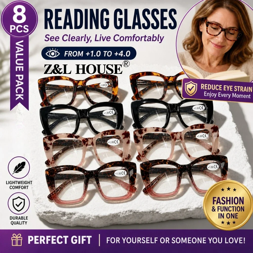8 Pairs of Elegant Classic Women's Reading Glasses, Unisex Retro Reading Glasses, with High Definition Blue Light Blocking Lenses, Essential Christmas and Halloween Gifts for Daily Reading, Random Colors