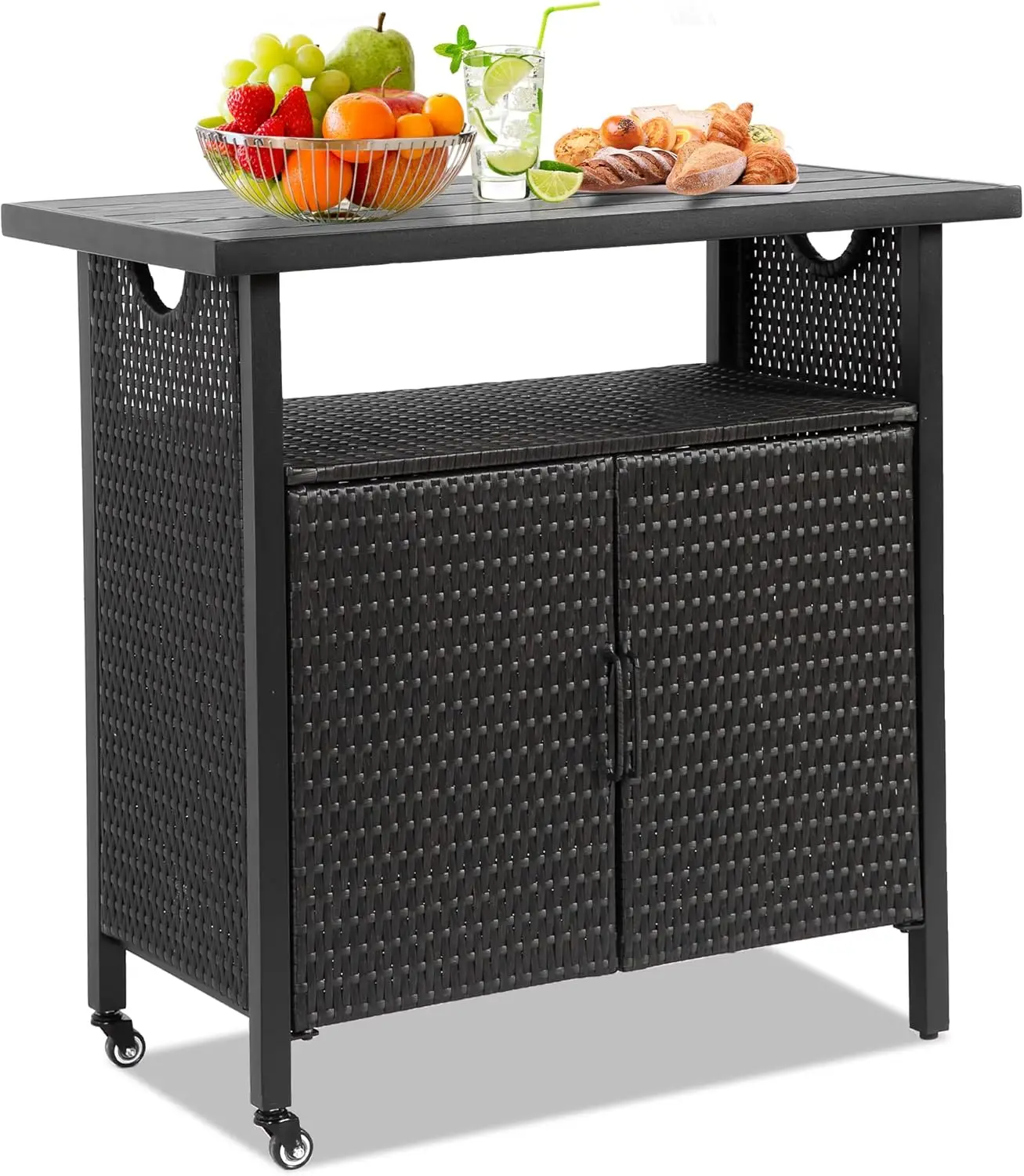 

Outdoor Bar Table with Storage Cabinet, Wicker Rolling Serving Cart, BBQ Prep Station, Patio Kitchen Island, Black