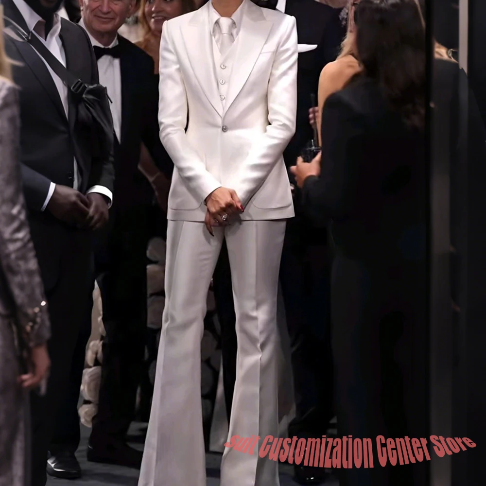 Women's White Satin Tailored Suit Set Slim Fit Jacket+Vest+Pants Formal Three-Piece Outfit for Prom Elegant Evening Party Wear