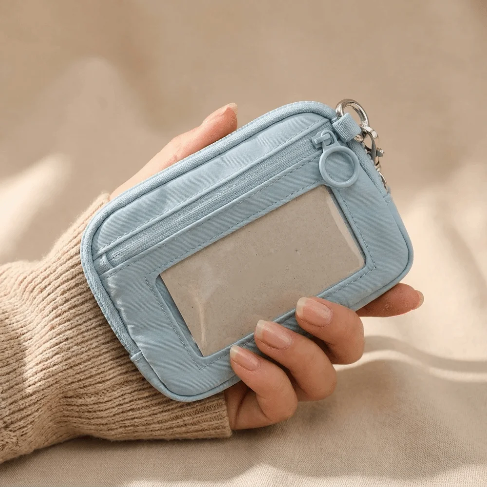 Cute Portable Zipper Closure Wrist Bag Clear Window Multi Pockets Keychain Coin Purse Nylon Small Size Wallet ID Card Storage