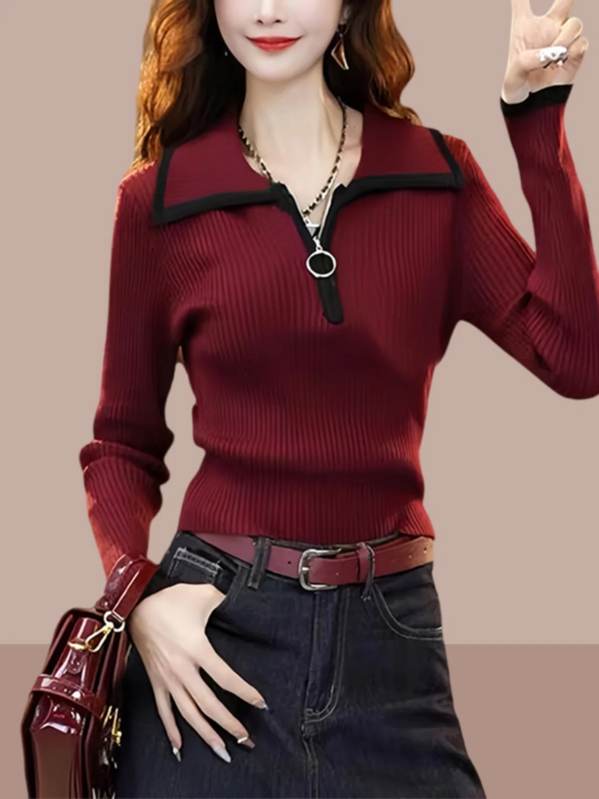 

Модный вязаный свитер женский с длинным рукавом, отложным воротником, красный, шерстяной, для ношения под одеждой, топ, весна-осень, новинка, для повседневной носки