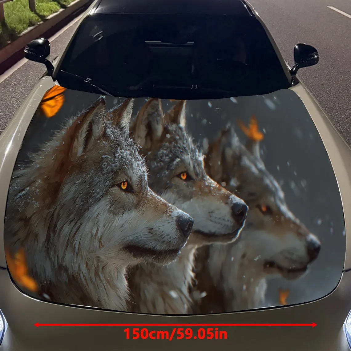 Graceful Wolves with Orange Butterflies Car Engine Hood Sticker, Auto Vinyl Wraps, Waterproof Self-adhesive Vehicle Decal, Durab