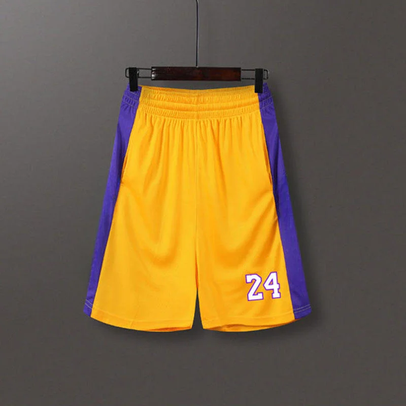 Sommer-Sonderangebot Herren Lila-Gelbe Basketball-Shorts mit Seitenstreifen, Atmungsaktives Mesh-Gewebe, Elastischer Bund, Fünf-Punkt-Shorts – Detail 4