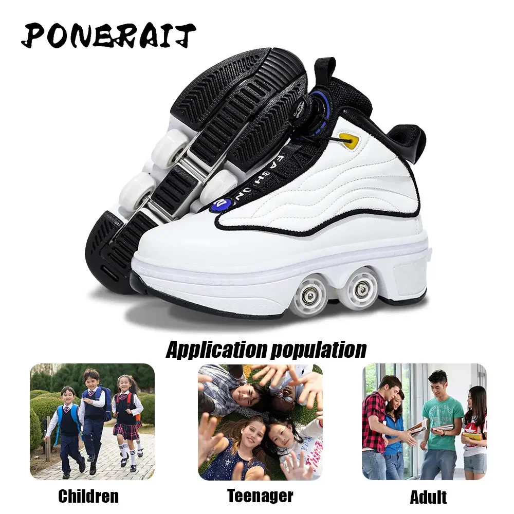 Unisex Automatic Retractable 4-Wheel Roller Skates Women\'s High Sneakers with Wheels Girls\' Dual-Purpose Skating Sports Shoes