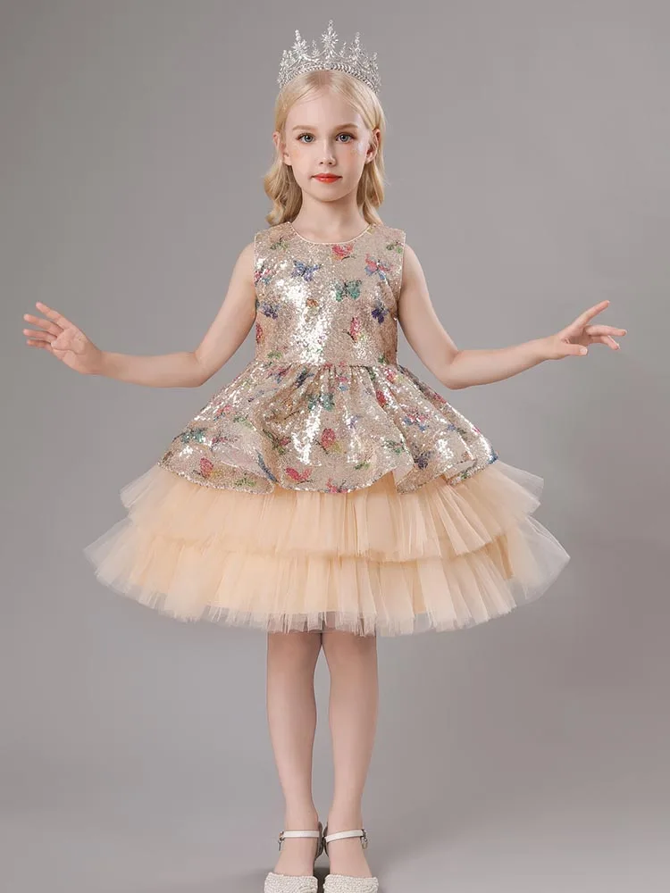 Cute Sleeveless Sequined Tiered Bow Flower Girls Dresses Princess Special Occasion Custom Costume Kid Clothes 2023