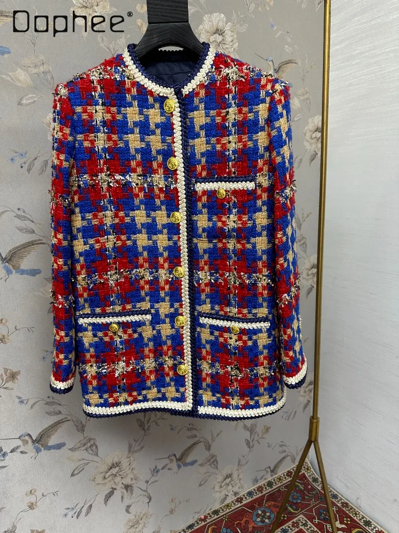 

High-end Heavy-duty Round Neck Tweed Mid-length Colorful Coat for Women Woven Socialite Trendy Long Sleeve Single-breasted Coat