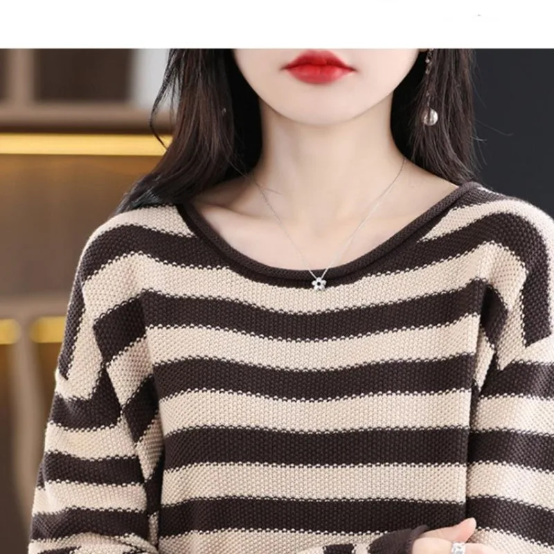 Women\'s Spring Autumn Fashion Round Neck Pullover Stripe Contrast Panel Casual Versatile Long Sleeve Loose Sweater Knitted Tops