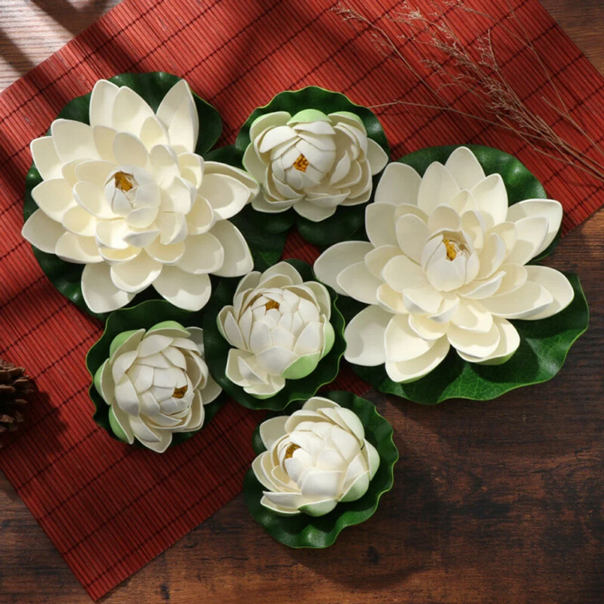 6pcs White Artificial Lotus Plastic Floating Plants Water Lily Fake Lotus Flower Leaf  Pond Garden Home Fish Tank Decor