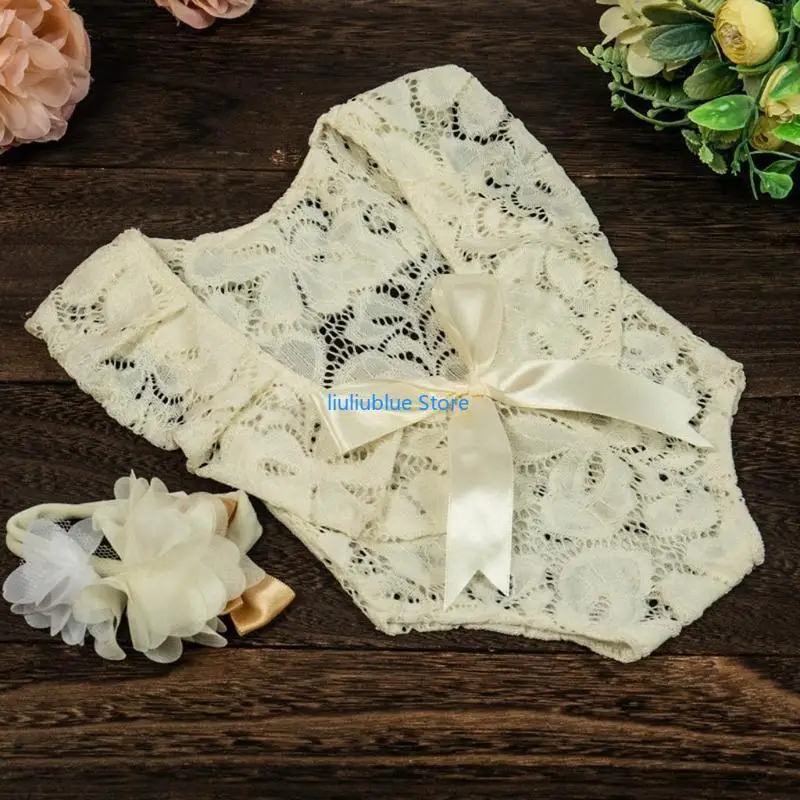 

Baby Bow Lace Romper Headband Set Newborn Photography Props Bodysuit Jumpsuit with Flower Hair Band Infants Fotografie 62CF