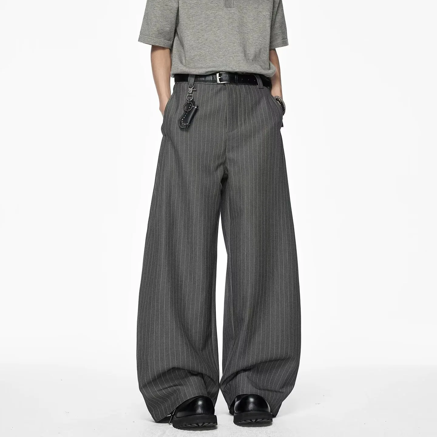 American Vintage New Fashion Women Grey Color-coded Wide Leg Floor Length Casual Simple Basic Suit Pants Male Clothes Trousers