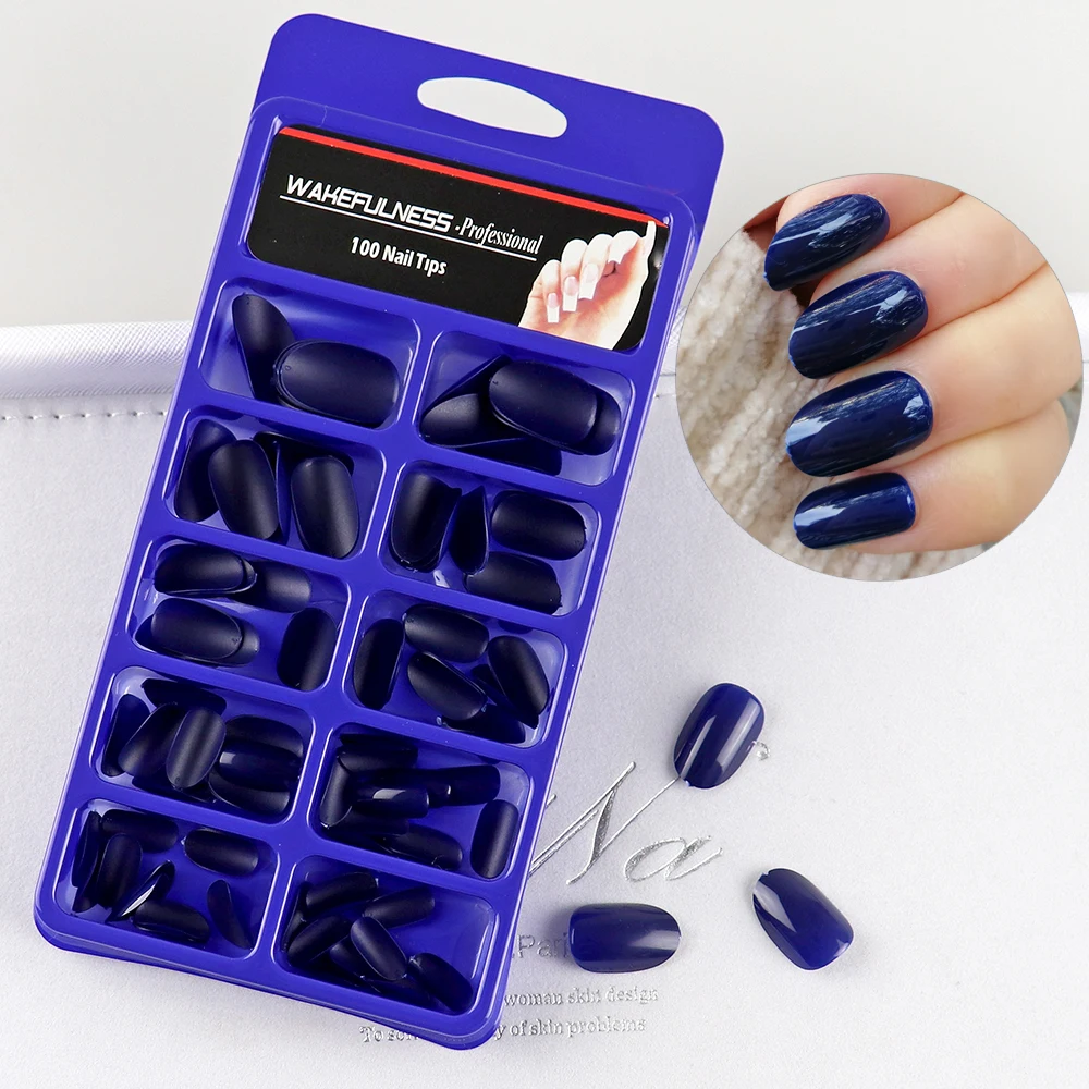 100Pcs Dark Blue Oval Fake Nails Short Acrylic Press On Nails Full Cover False Nail Art Tips Manicure Artificial Nail Tools