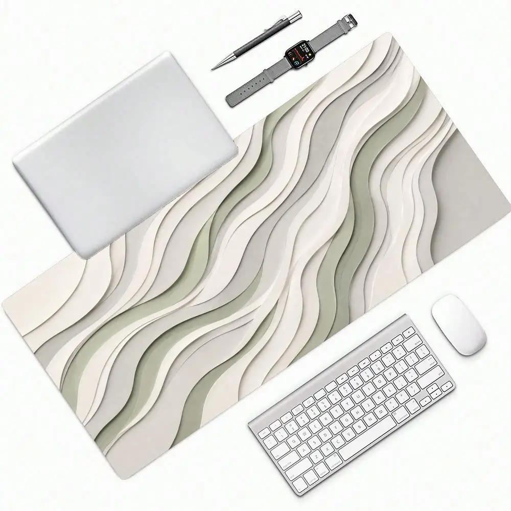 Layered Paper Cut Sage Green Neutral Wave Abstract Minimalist Art Extra Large Non-Slip Extended Rubber Gaming Desk Mouse Pad