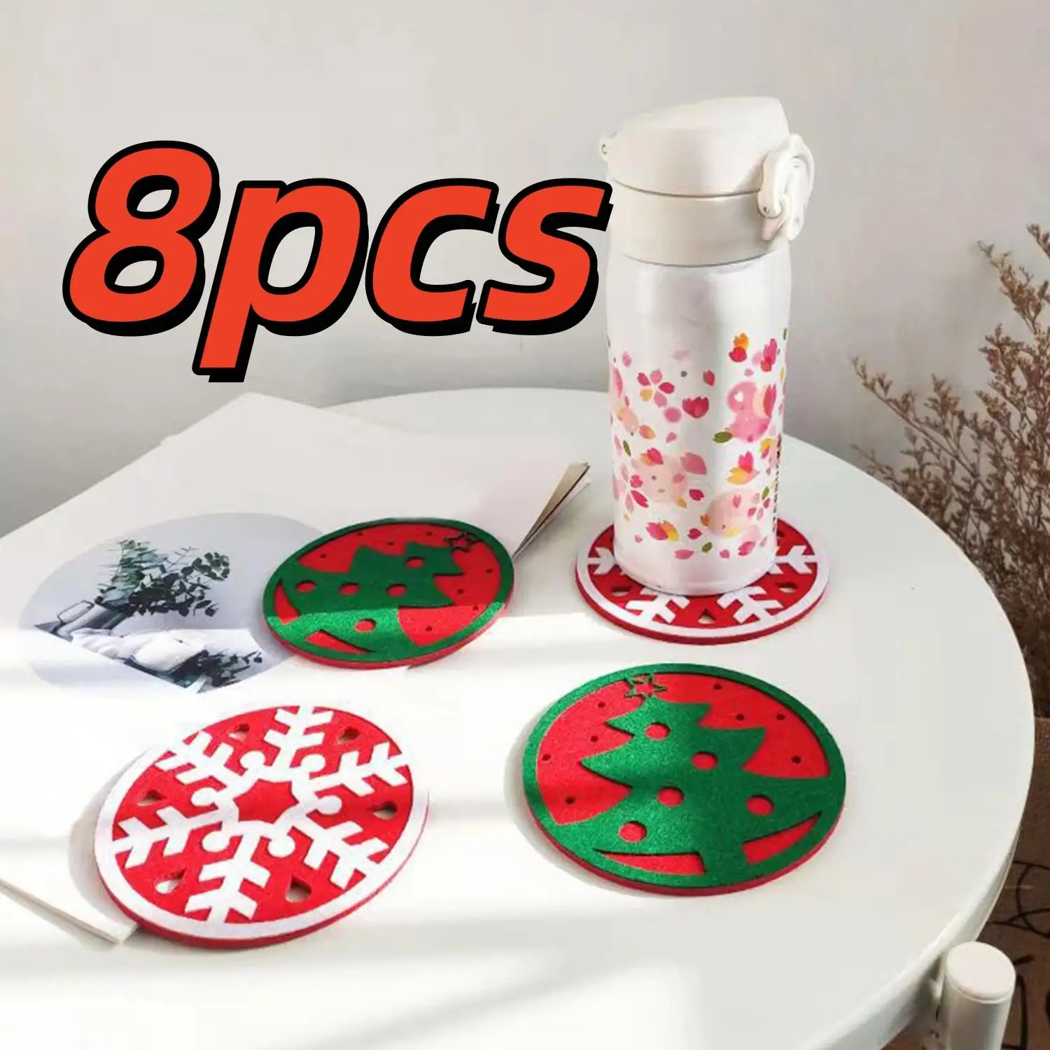 

8pcs Christmas Felt Coasters Xmas Tree Snowflakes Shaped Cup Cushion Anti-slip Coaster Bowl Mats Cups Mat Party Decoration