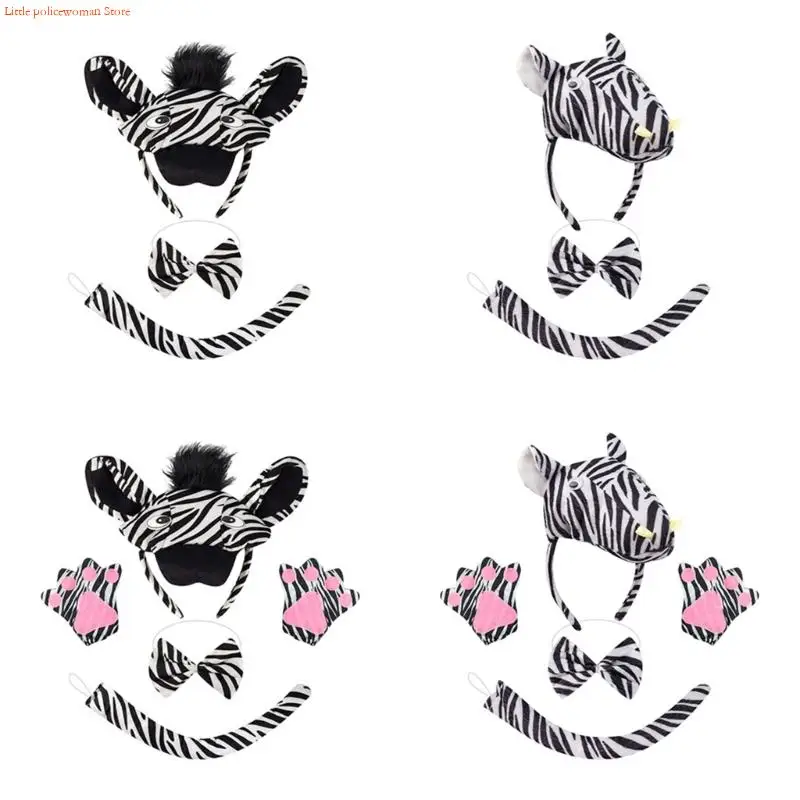 F92d Zebras Costume Set Zebras Ears Bandband Bowtie Tail Gants For Kids Girls Boys Halloween Cosplay Costume Animal