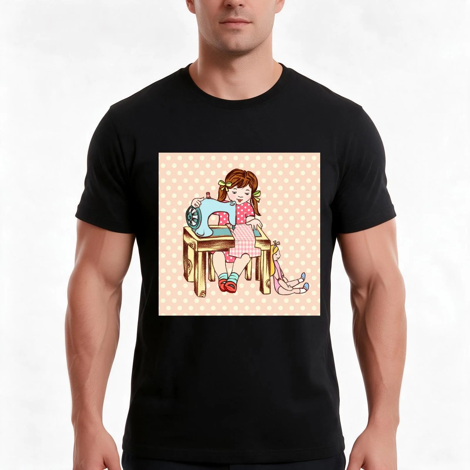 Little girl sewing T-Shirt, Summer Casual Cotton Tee, Oversized Streetwear Tops, Vintage Graphic Print, Loose Fit Short Sleeve