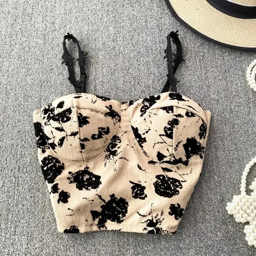 Fashion Summer Elastic Camis Underwear Floral Print Padded Bra Slim Crop Top Women Tank Tops Sleeveless Blouse
