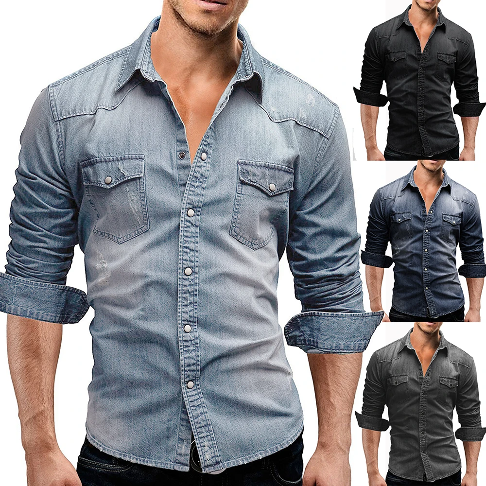 

Men Autumn Denim Shirt Short Sleeve Soft Cotton Two Pockets Slim Slight Elastic Jeans Cowboy Shirt Men Shirts