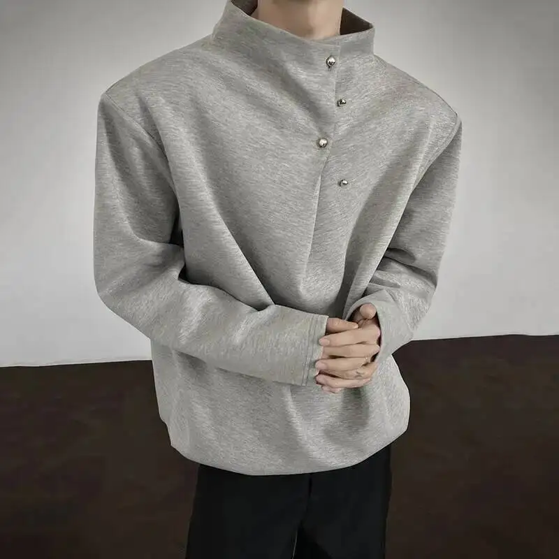 Autumn Men's Tees Irregular Design Mock Neck Solid Color Casual Tops Long Sleeved Korean Style Male T-shirts Chic 9LAIU