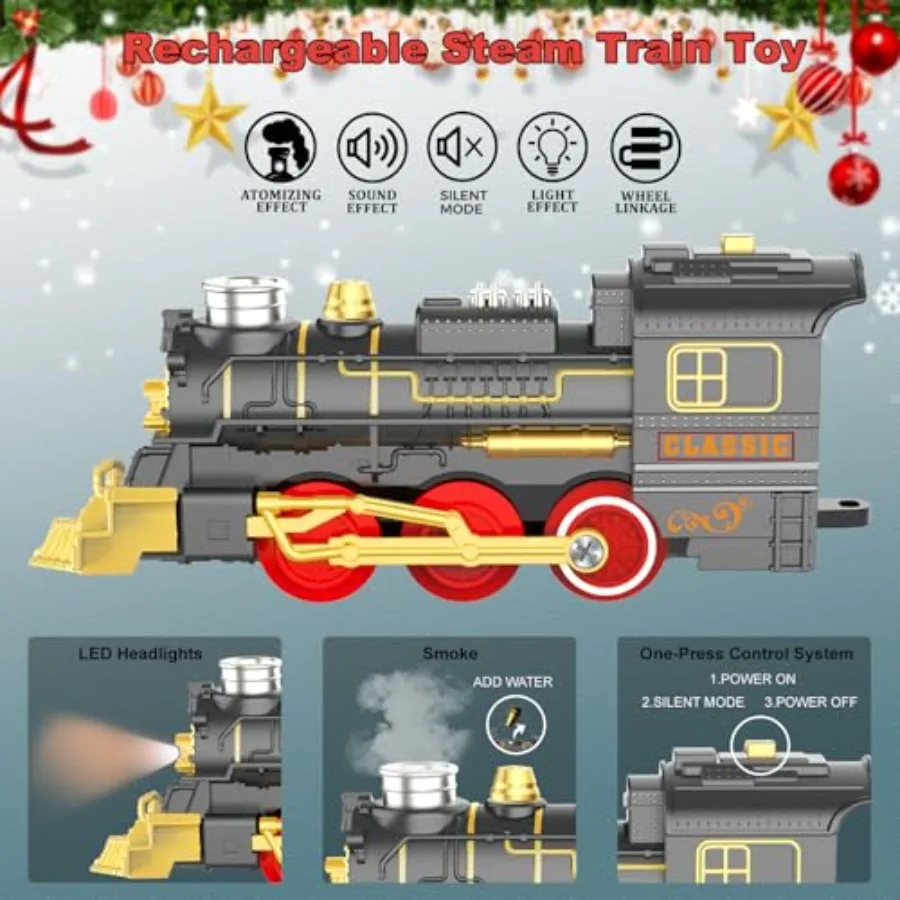 Christmas electric train set for kids: ABS plastic, red blue, with working lights, realistic sounds ON/silent/OFF,safe rounded