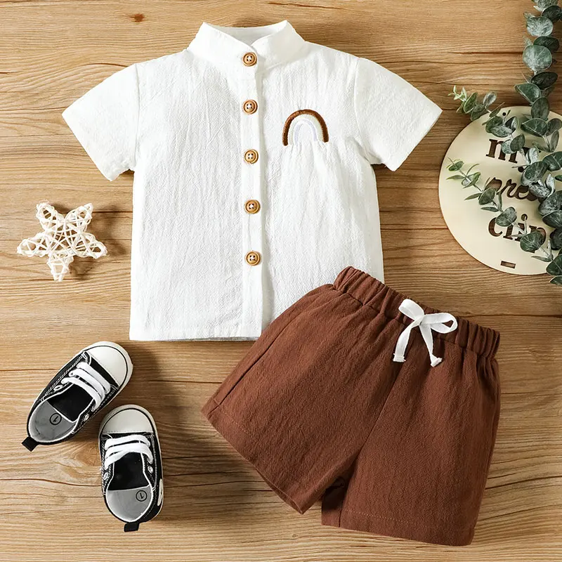 3M-24M Baby Boy Cotton Small Stand-up Collar Embroidered Top with Brown Drawstring Pants Two-piece Set,Suitable for Summer Wear