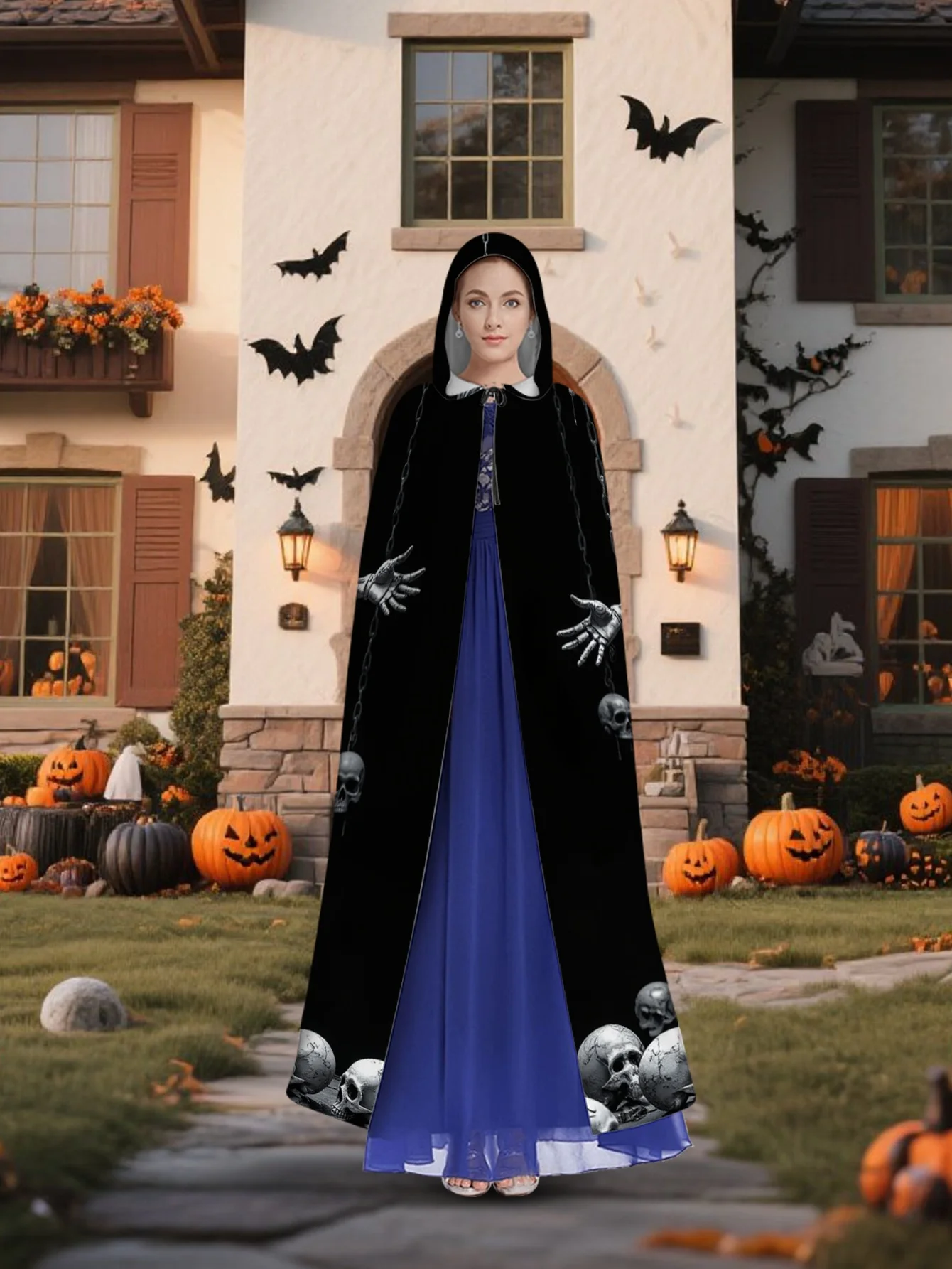 Customization 1pc LianyaoShi Selection 2D Flat Printing Everyday-Elegant Hooded Cape With Grim Reaper Skulls And Chains