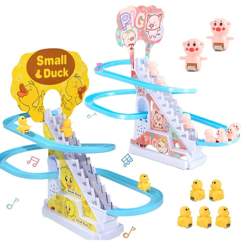 

Children Duck pig climbing stairs slide electric DIY Rail Racing track toys music Roller Coaster parent-child interactive toy