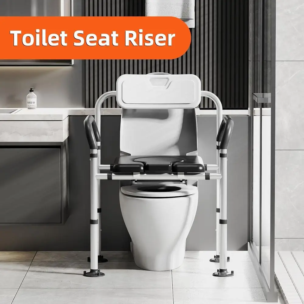 Bedside Commode Chair with Adjustable Height and Width, Raised Toilet Seat with Arms Handles and Back Support for Elderly, Porta