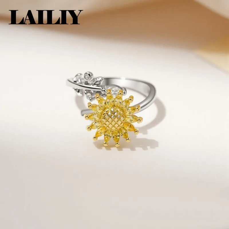 LAILIY925 Sterling Silver Gift with Micro set Diamonds Two tone Rotating Sunflower Adjustable Ring for Men Women Fashion Jewelry