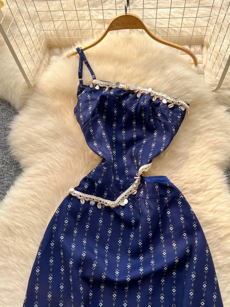 Czysta Urok Odkryte Ramiona Nadruk na Ramiączkach Damska Letnia Sukienka Wakacyjna z Wąską Taliaą Długa Spódnica Koreański Styl Wysoki Stan...