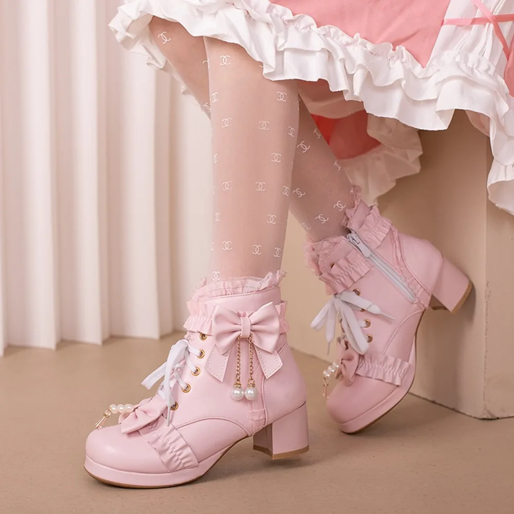 Pink White Black Chunky Heel Lolita Shoes Butterfly-knot Pearls Lace Up Womens Cosplay Princess Cute Sweet Winter Ankle Boots 42