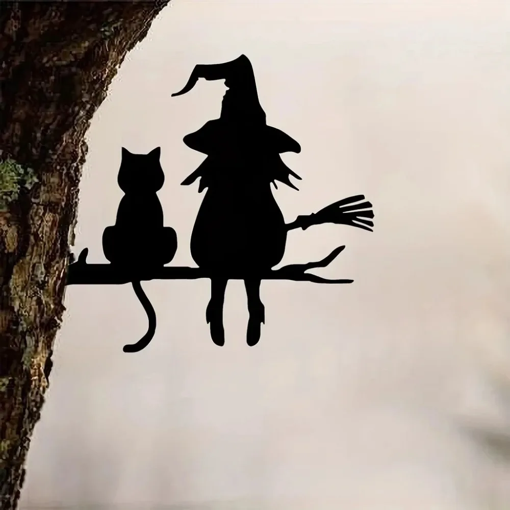 1pc Iron Silhouette Cute Witch And Cat Garden Stake On The Branch Yard Art Decor, Tree Stump Plug-in, For Garden Lawn Courtyard