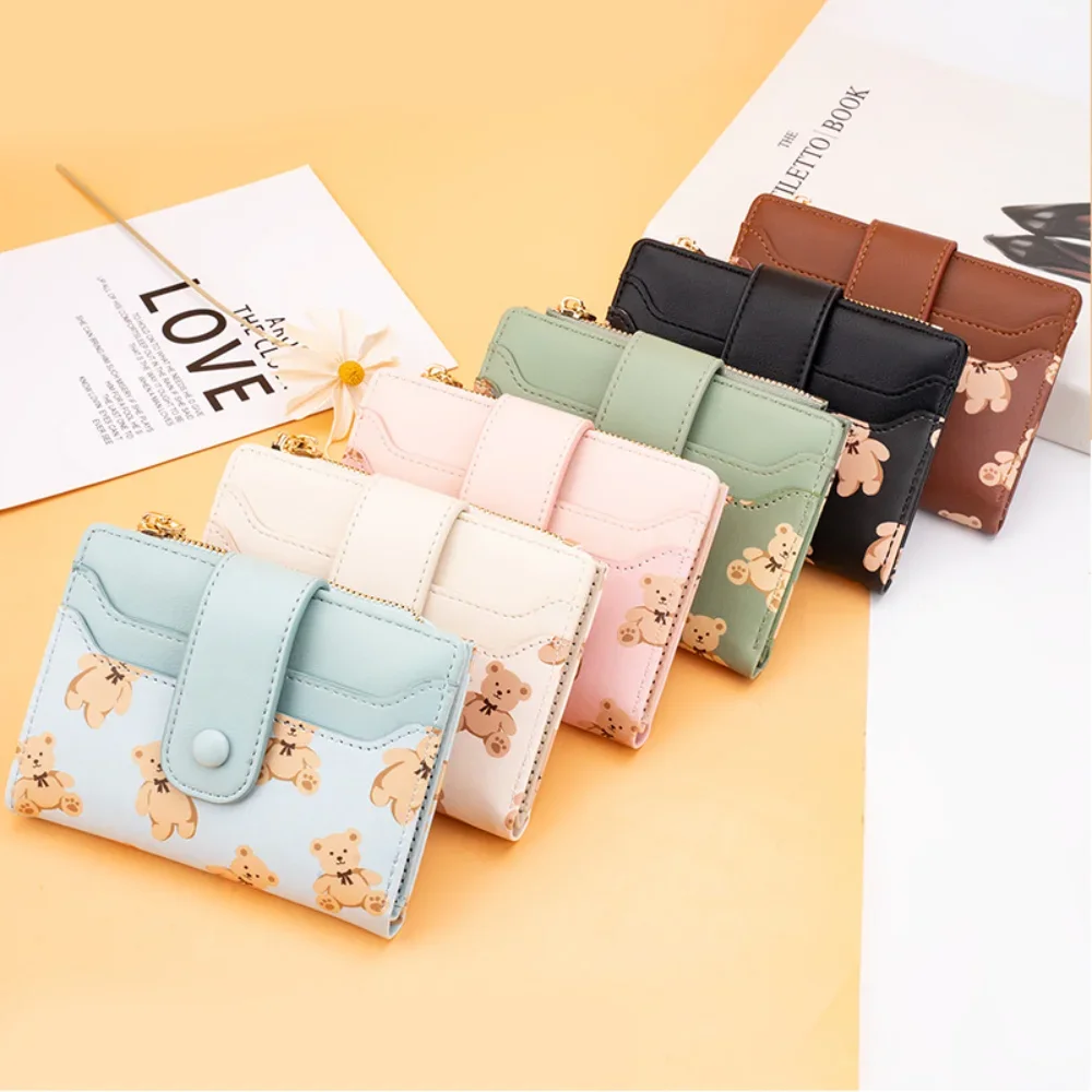 

Women Short Wallets PU Leather Female Bifold Purses Cute Bear Card Holder Wallet for Girl Small Zipper Wallet with Coin Purse