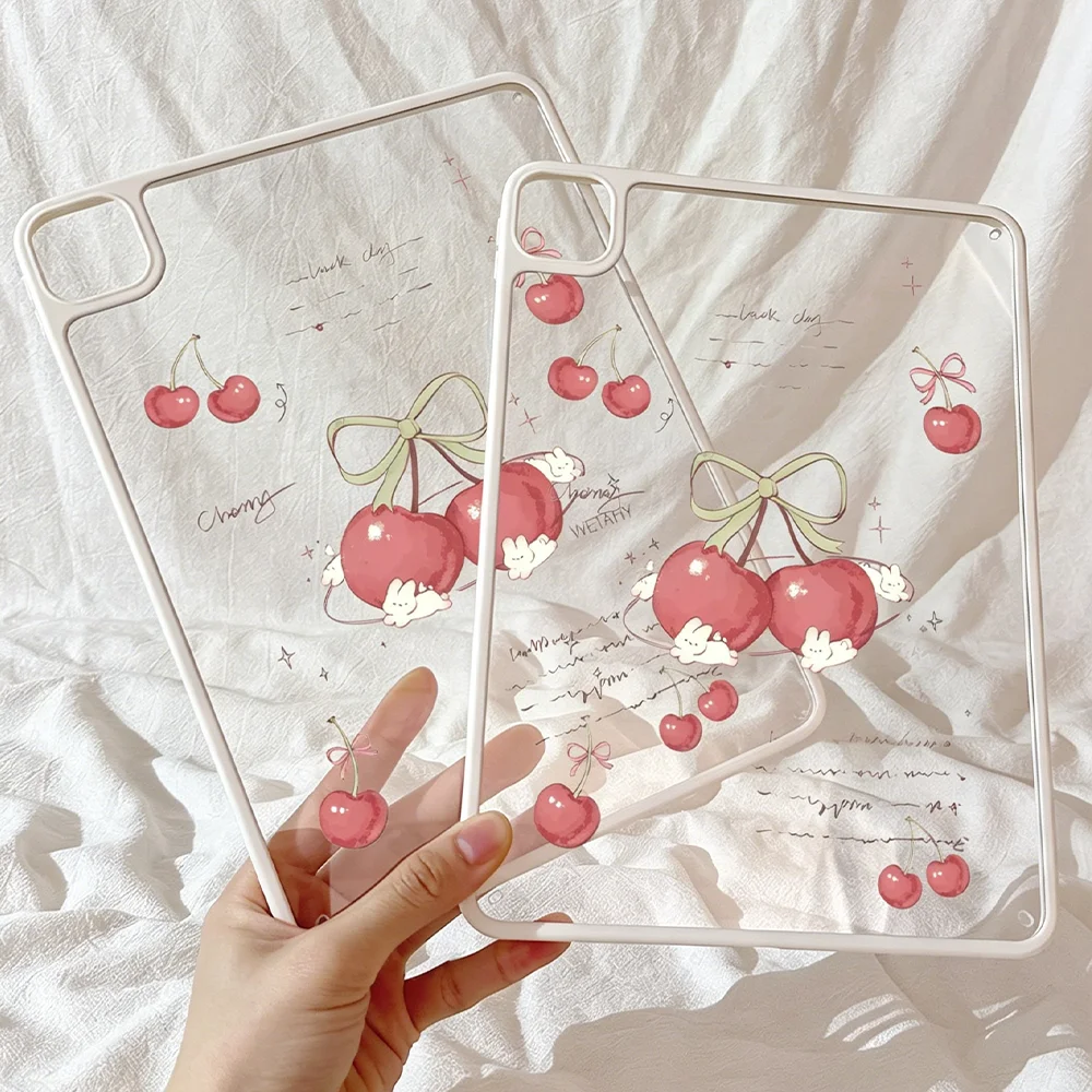 Korean Cherry Rabbit Bow Y2K Clear Back Cover For iPad Pro 13 11th M5 M4 12.9 A16 10 8 7 9th 10th Air 11 M2 M3 Mini Tablet Case