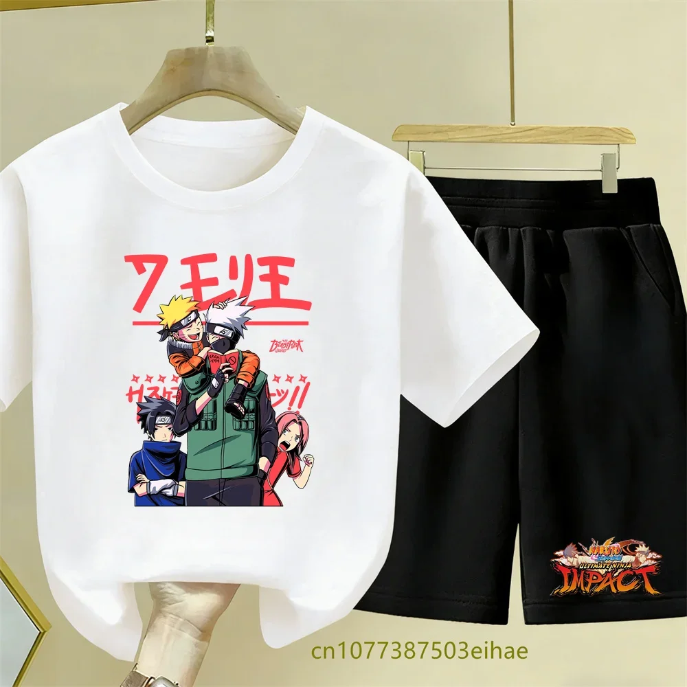 Naruto Anime Style Summer Set Cartoon Print Breathable Short-Sleeved T-Shirt, Casual Multi-Purpose Children's Top and Shorts Set