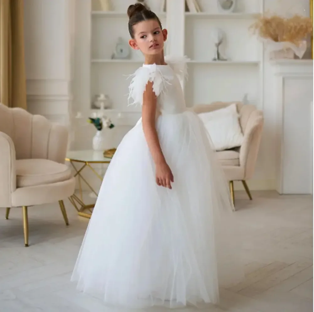 Abiti da ragazza di fiore avorio personalizzati per matrimonio Tulle Piuma Puffy Elegante abito da spettacolo per prima comunione per occasioni formali per bambini